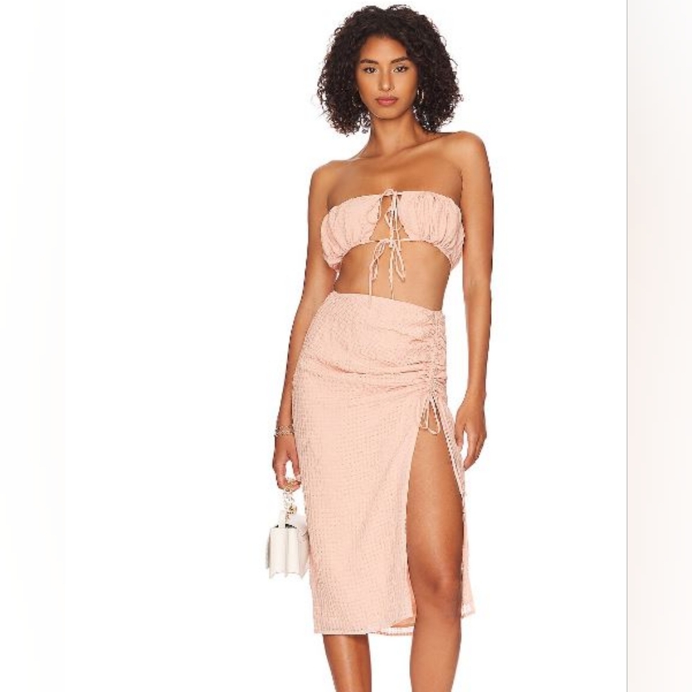 MAJORELLE Blush Gingham Nikita Midi Skirt with Matching Bandeau Top - Size XS
